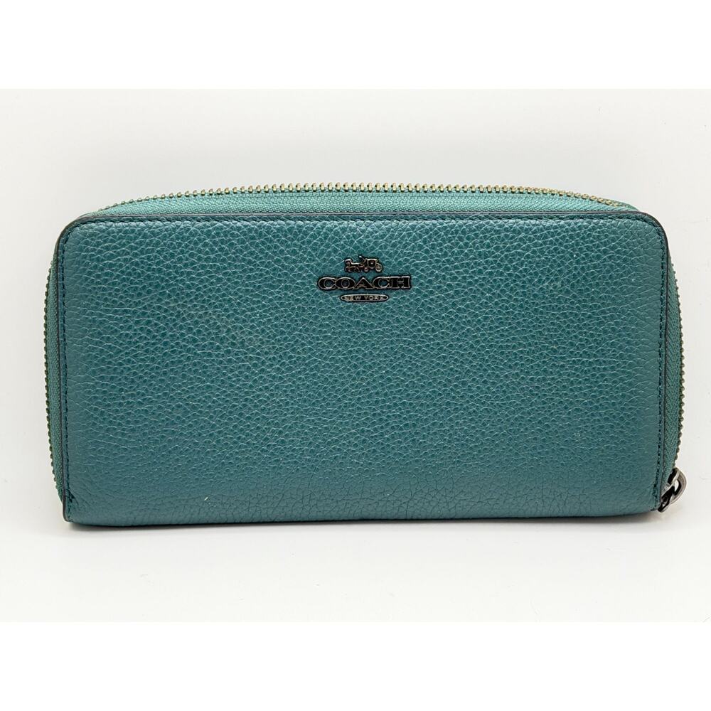 Coach Teal Leather Zip-Around Wallet With Multiple Card Slots & Interior Compart